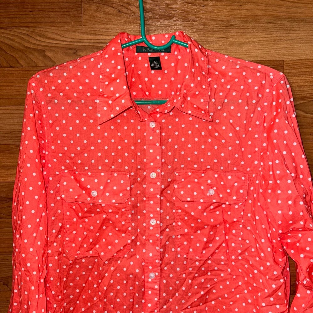 Lauren Ralph Lauren Polka Dot Button Front Shirt Long Sleeve Cotton Red L NWOT